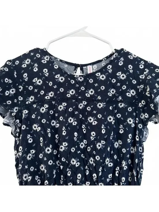 Floral Print Short Sleeve Cinched Waist Blouse BLUE WHITE XS - Picture 4 of 7